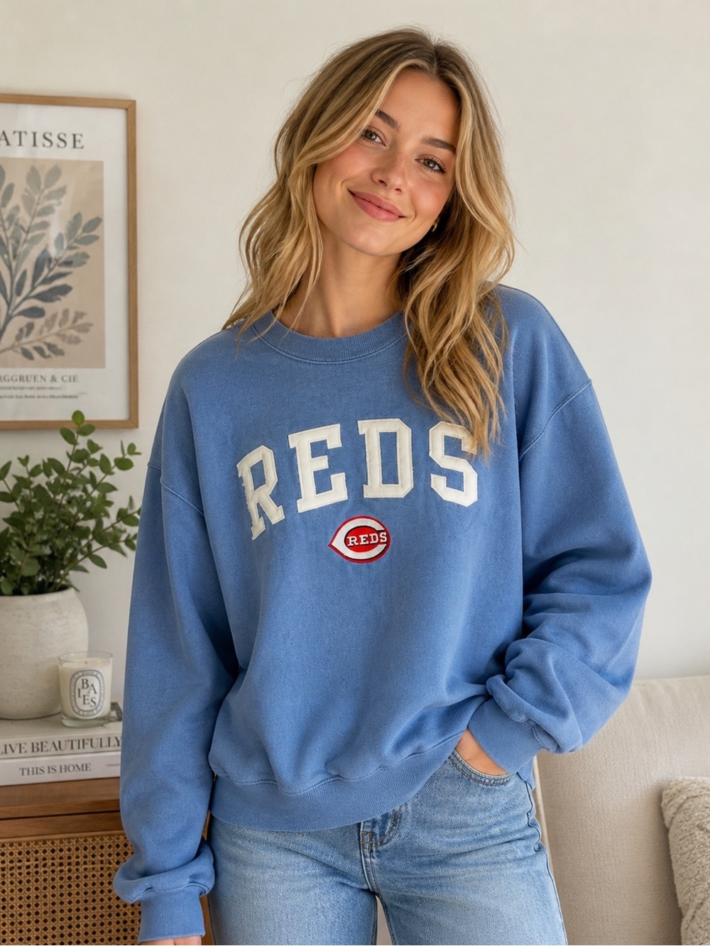 Soft As a Grape Cincinnati Reds Graphic Pullover Sweatshirt Blue & Red Sz Small